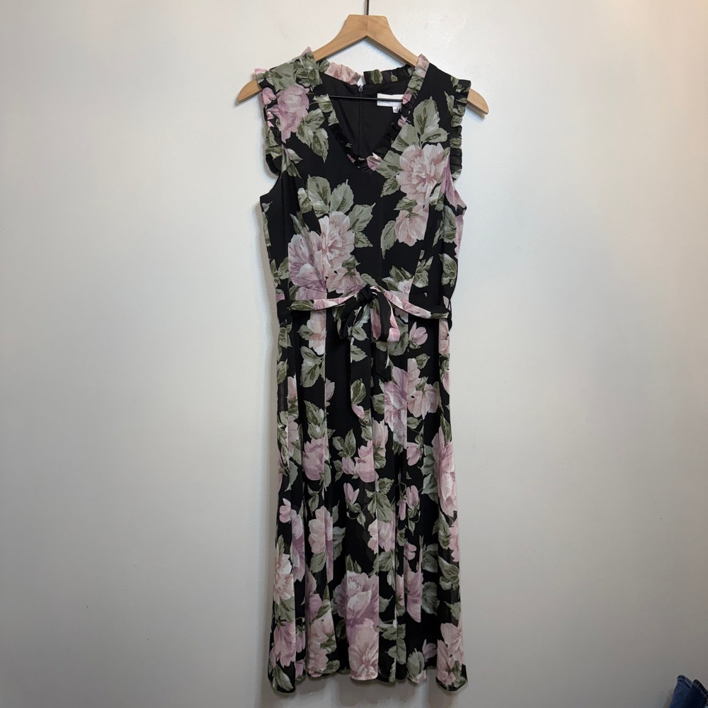 Emma & Michele Women's Black Pink Floral Ruffle V-Neck Midi Dress Size 8